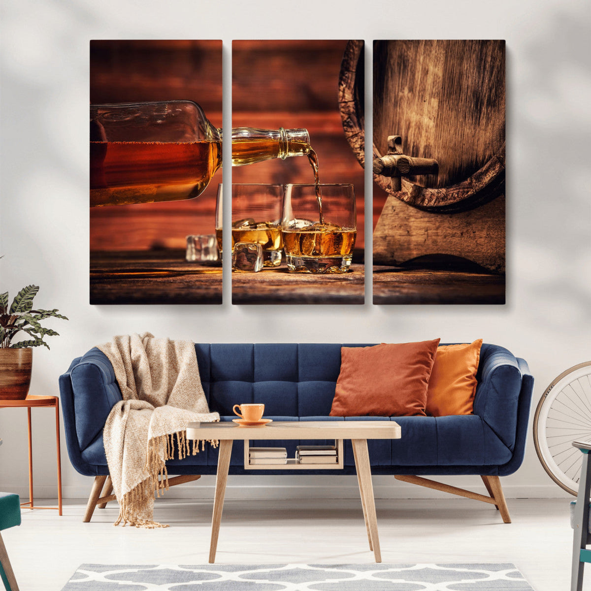 Whiskey and Cigar Canvas Wall Art | 3 Panel Bar Room Decor