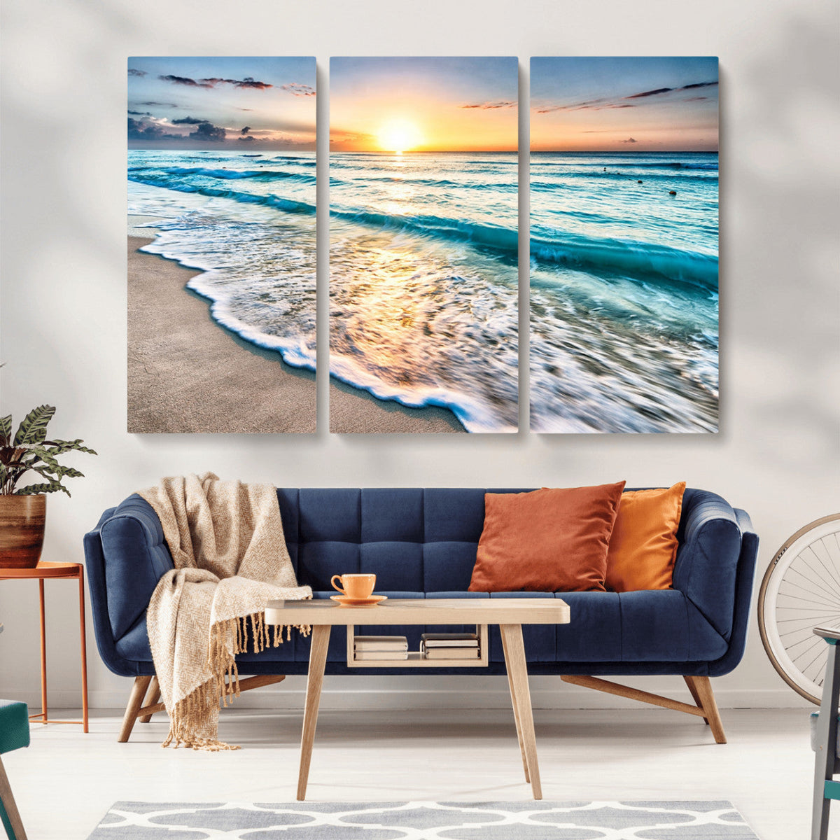 Sunset Beach Waves Canvas Wall Art – 5-Panel Ocean Sunset