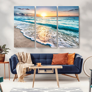 Sunset Beach Waves Canvas Wall Art – 5-Panel Ocean Sunset
