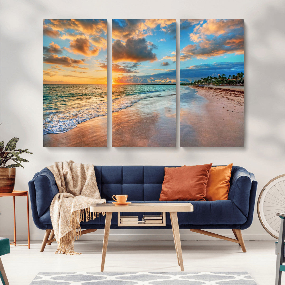 Sunset Ocean Waves on Tropical Beach, 3-Panel Giclee Canvas