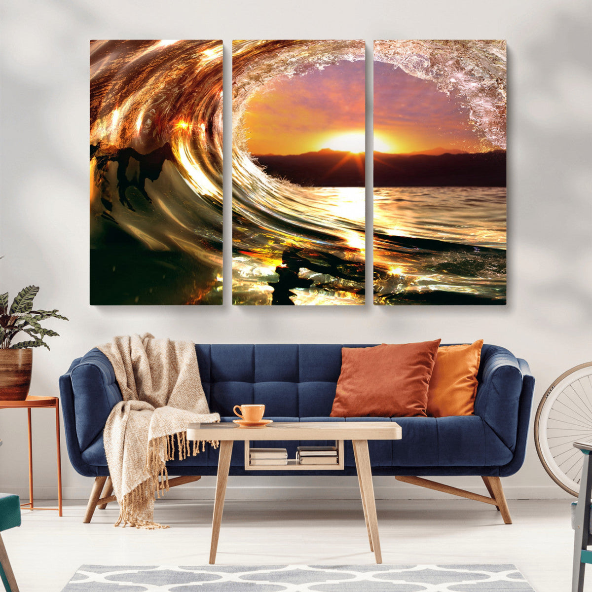 Golden Wave Sunset Triptych Canvas Art, Giclee Canvas Print