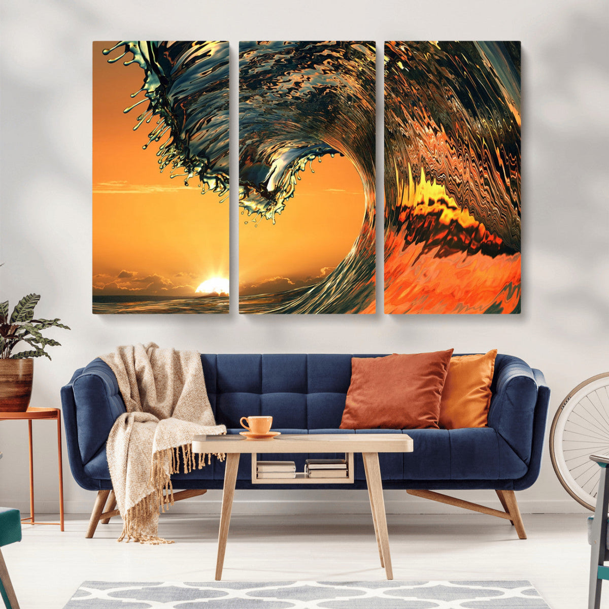 Surf Wave Sunset Canvas Wall Art Print, 3-Panel Ocean