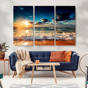 Golden Hour Sunset Over Ocean Waves Wall Art Canvas Print |