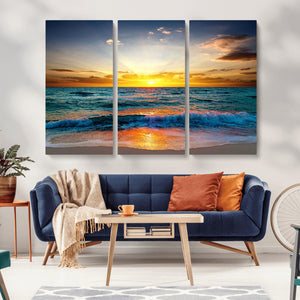 Vibrant Ocean Sunrise Over Golden Beach Waves, Giclee Canvas