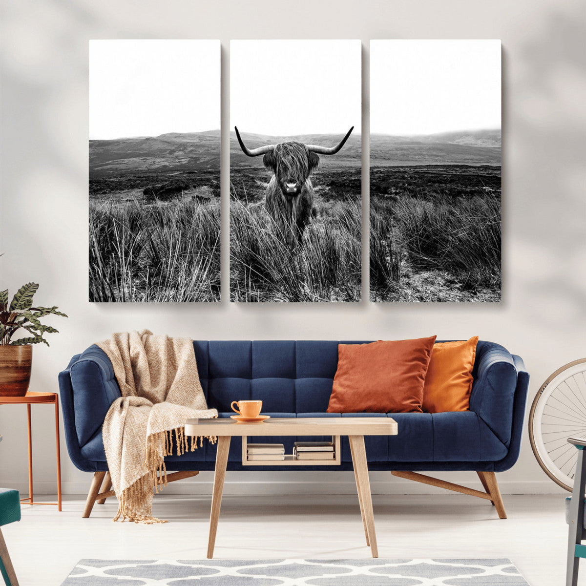 Black and White Highland Cow Canvas Wall Art, Longhorn
