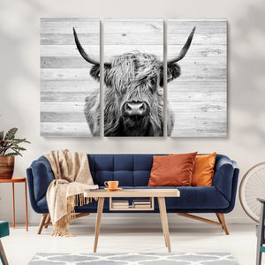 Scottish Highland Cow Cattle Art Print on Wood Background