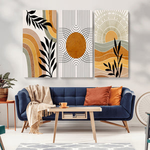 Modern Boho Sun and Leaf Abstract Art – 3-Panel Giclée