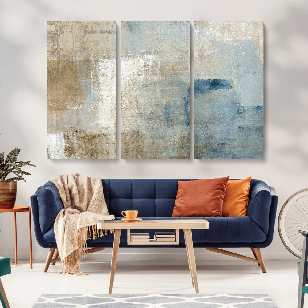 Abstract Blue and Beige Wall Art, Modern Minimalist Canvas