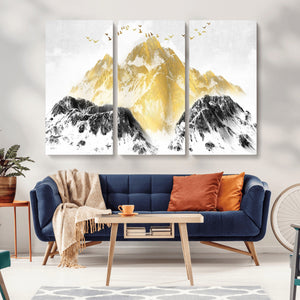 Golden Mountain Triptych Wall Art Canvas Print, Modern