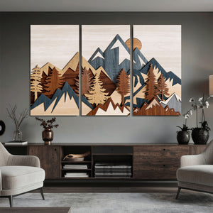 Woodland Mountain Landscape Triptych, Giclee Canvas Art for