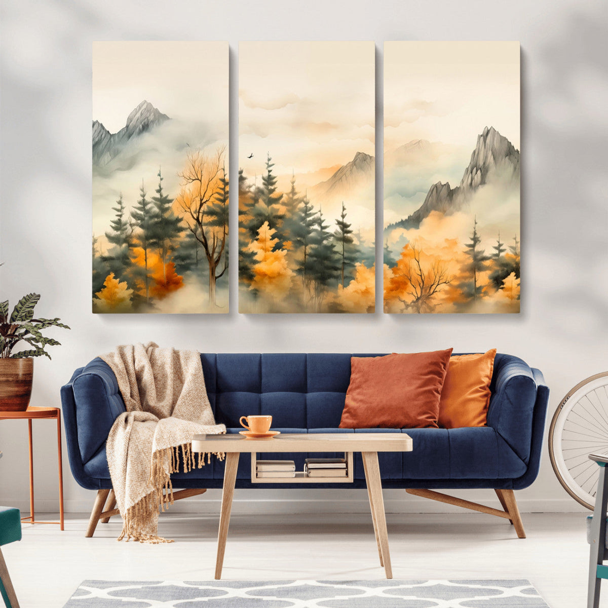 Abstract Watercolor Mountains and Trees Autumn Art,