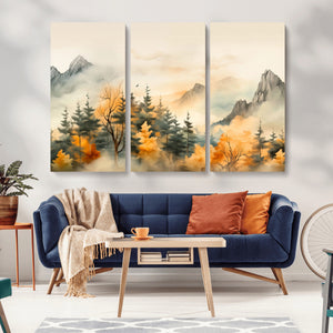 Abstract Watercolor Mountains and Trees Autumn Art,