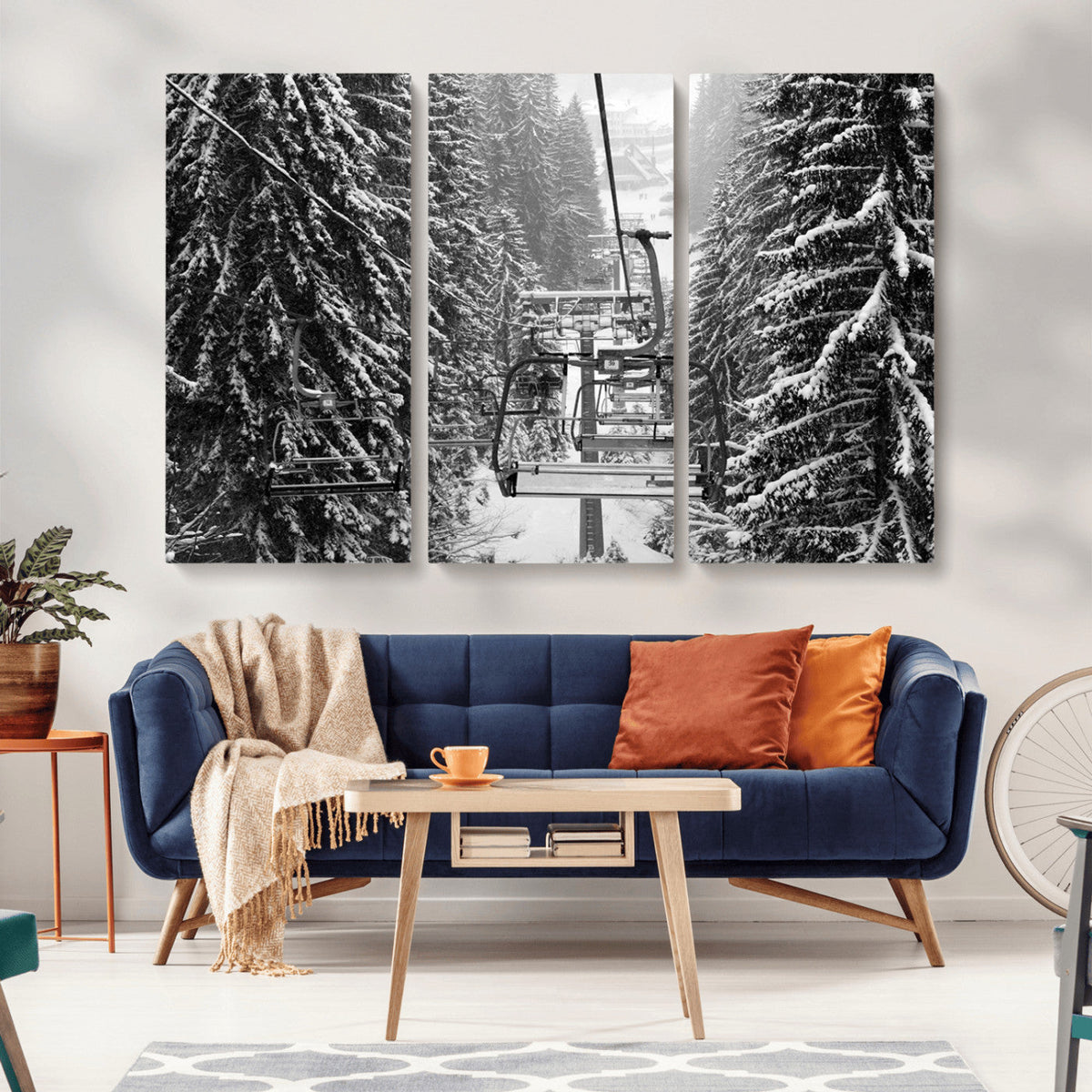 Winter Ski Lift Black and White Canvas Wall Art – Alpine