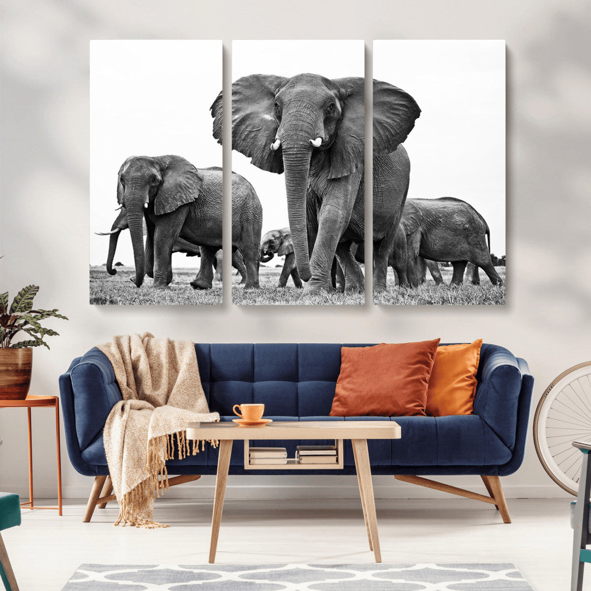 Black White Elephant Family Wall Art Canvas Print