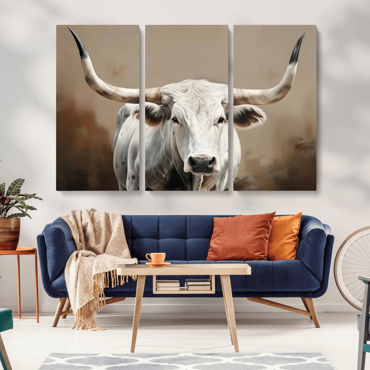 White Longhorn Bull Wall Art Canvas Print – Framed and Ready