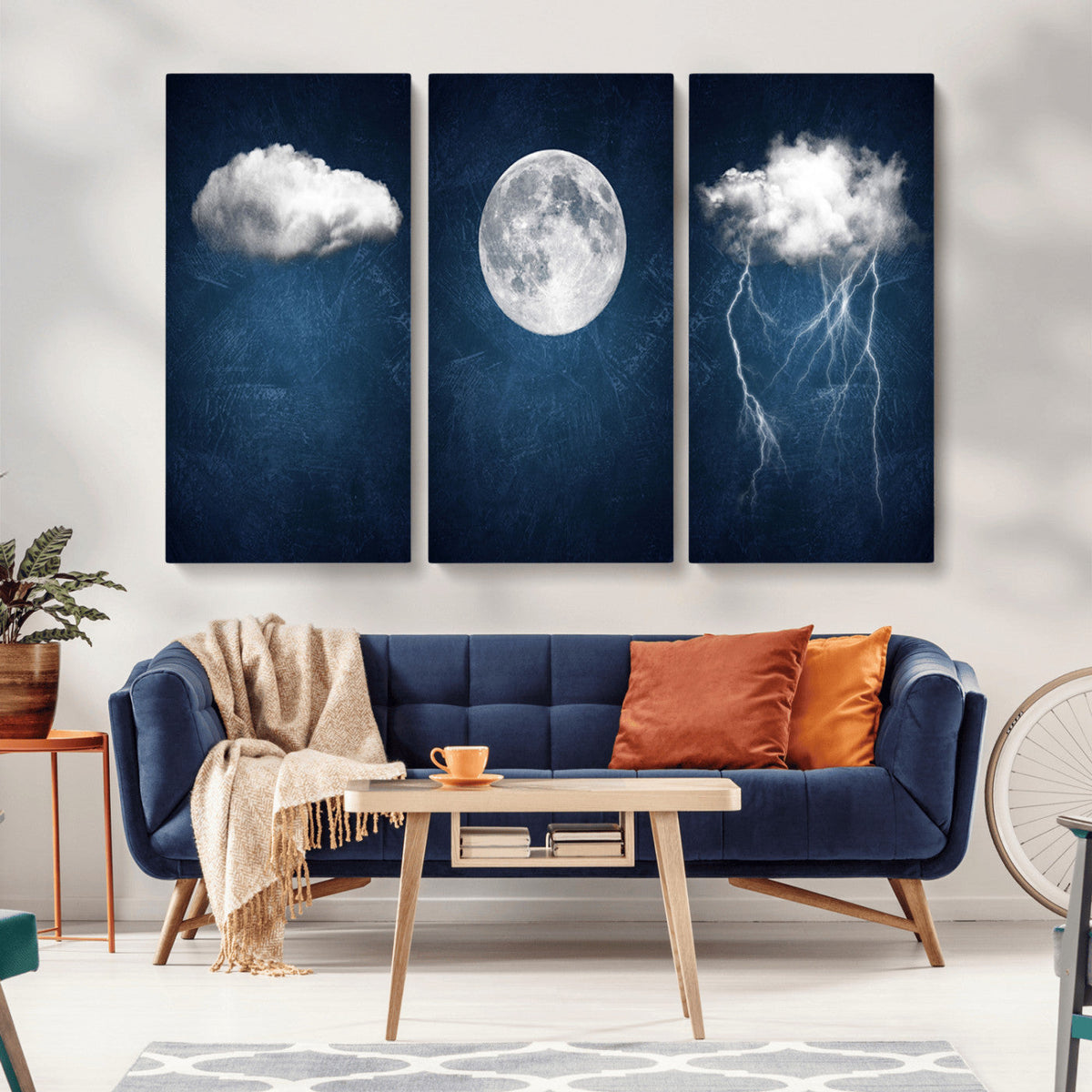 Dark Blue Cloud Art, 3 Piece Indigo Blue Wall Art, Aesthetic
