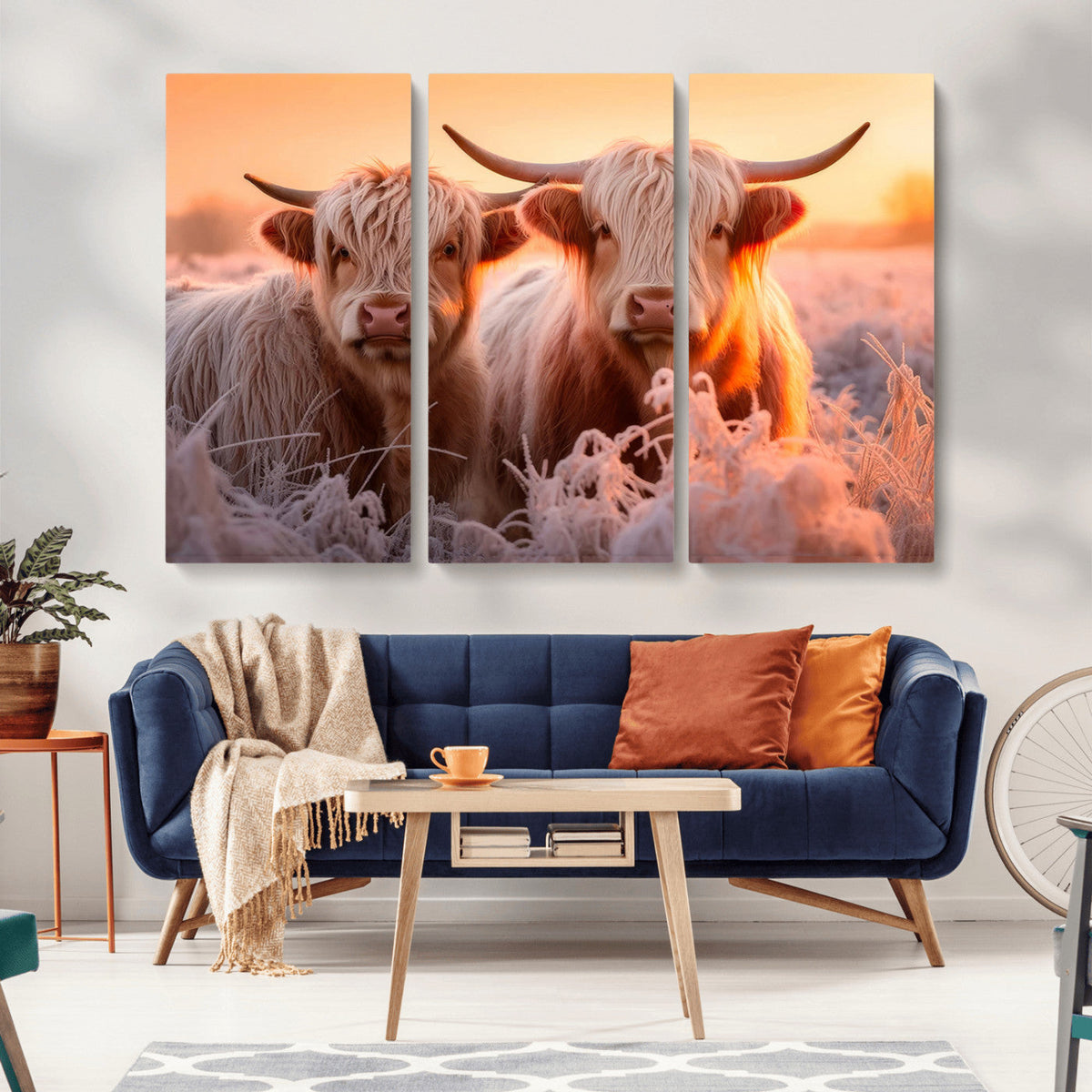 Highland Cows at Sunrise Wall Art Canvas Set – Serene and