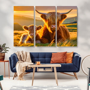 Scottish Cow and Baby Cow Canvas Wall Art Animal Print