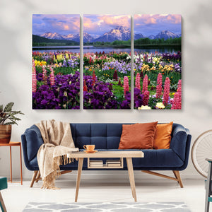 Vibrant Wildflower Garden and Mountain View Giclee Canvas