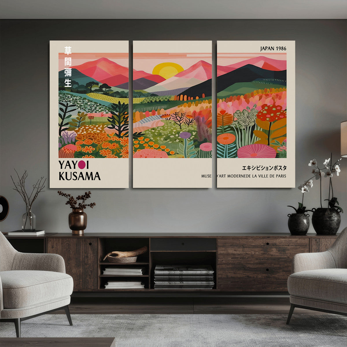 Yayoi Kusama Landscape Canvas Print, Vibrant Floral Mountain Art Print, Framed Botanical Wall Art -