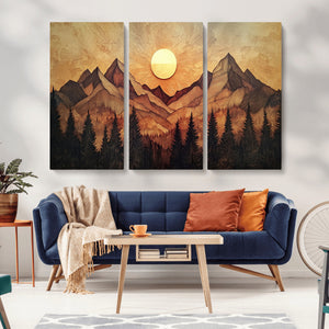 Wood Style Abstract Mountain Sunset Canvas Wall Art Print -