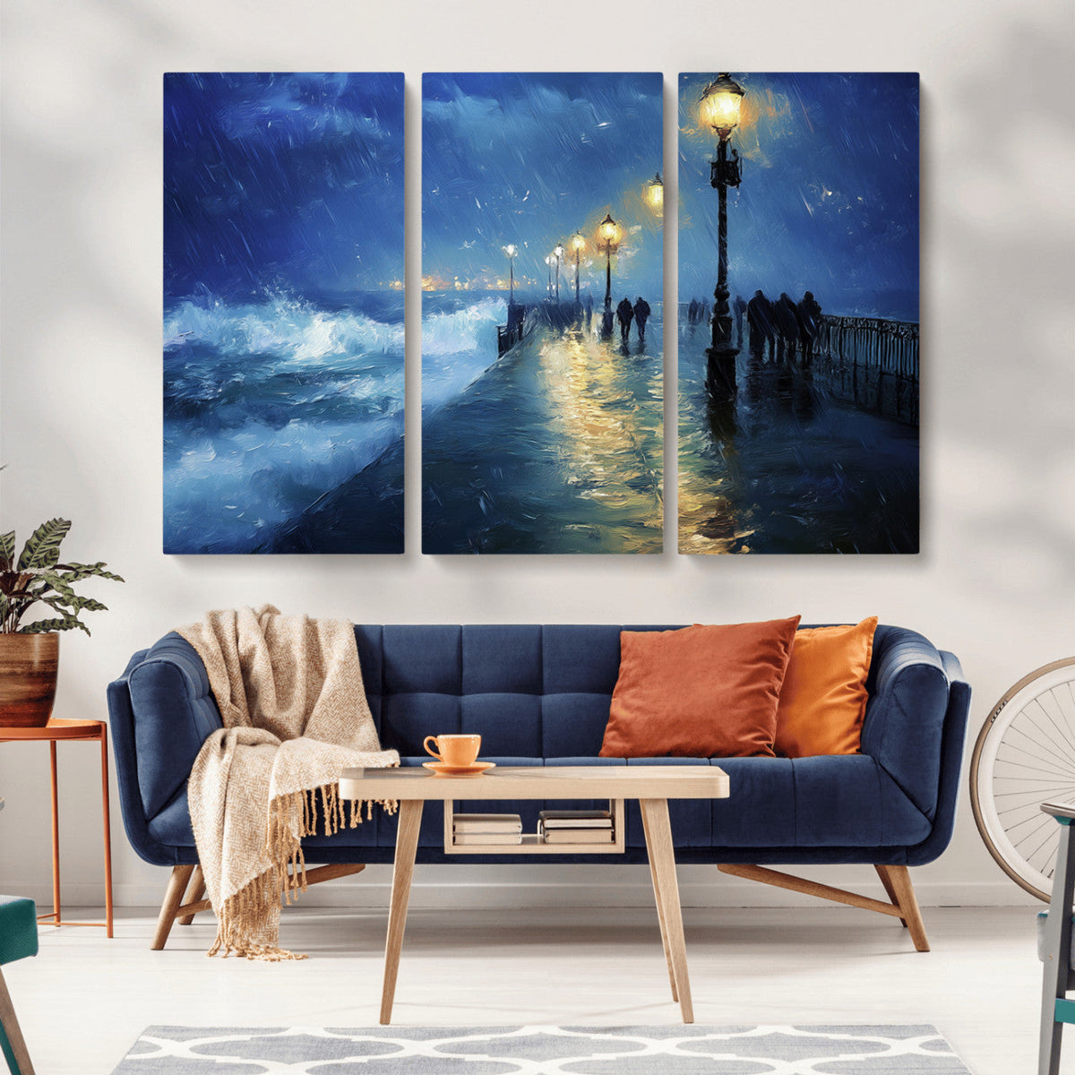 Storm Ocean Pier Canvas Wall Art Print - Large Moody Night