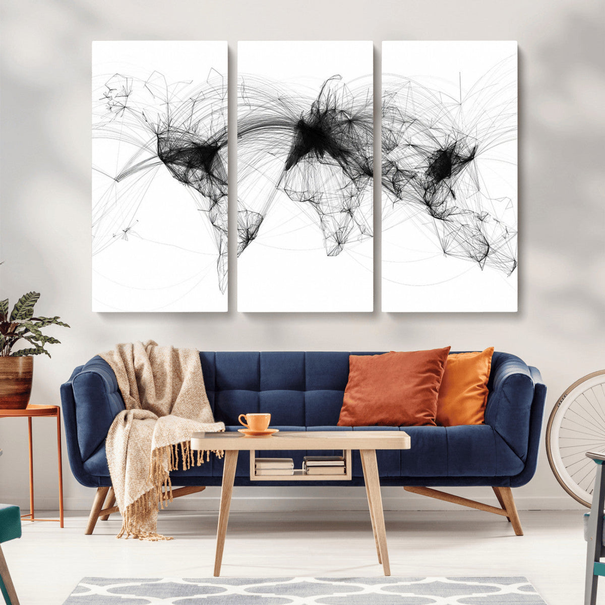 Abstract World Map Wall Art – Framed Geometric Line Canvas