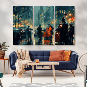 Urban Night Jazz Wall Art Canvas Print – Moody Rain-Soaked