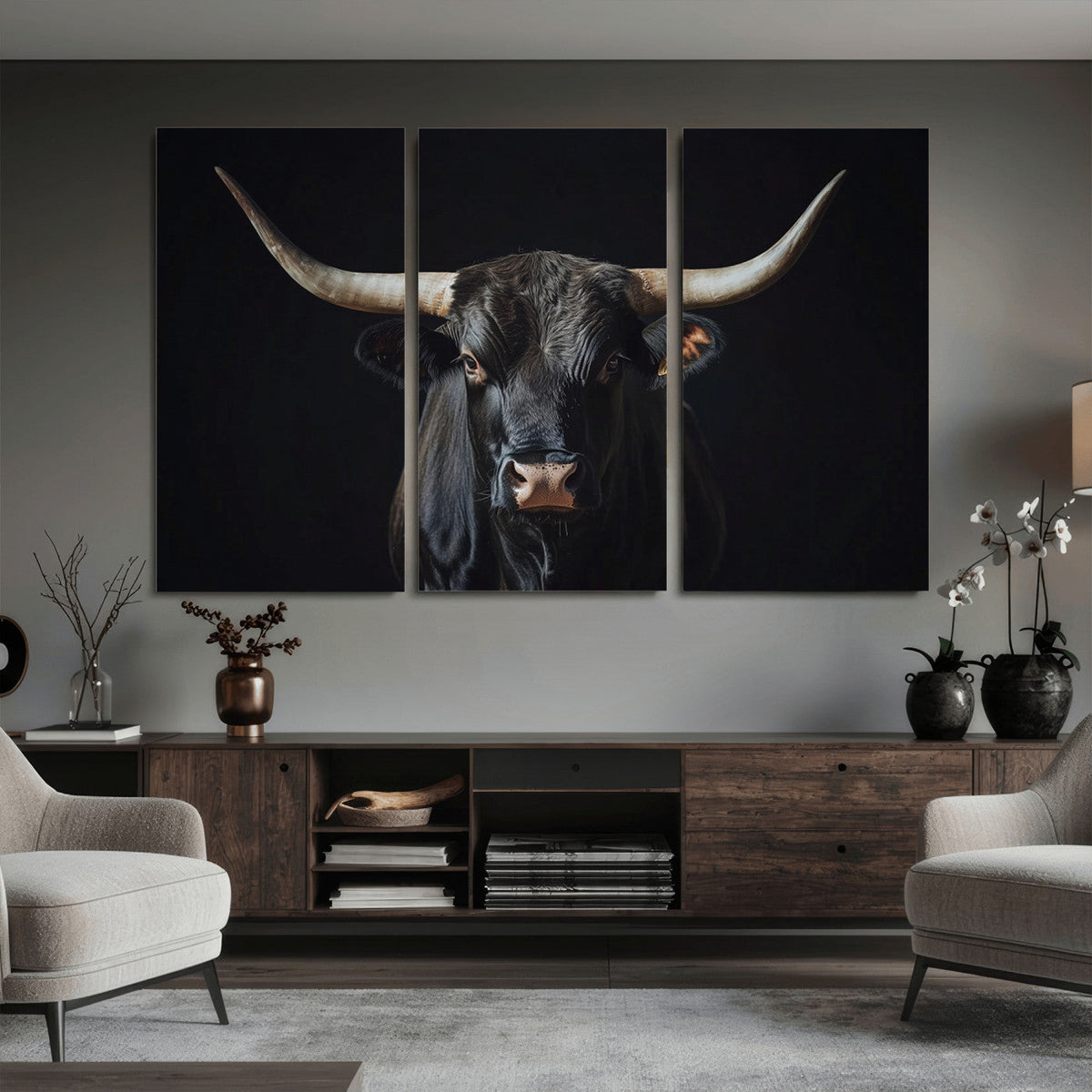 Majestic Longhorn Bull Wall Art Canvas Print – Dark