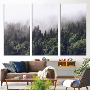 Misty Forest Wall Art Canvas Print, Serene Foggy Pines and