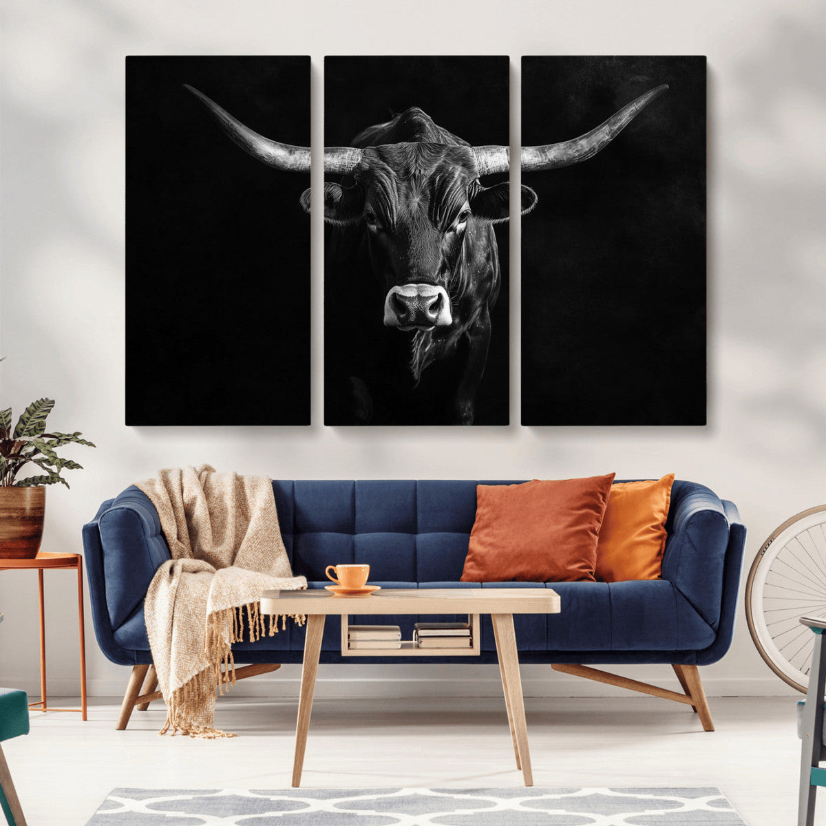 Texas Longhorn Wall Art Canvas Print – Framed Monochrome