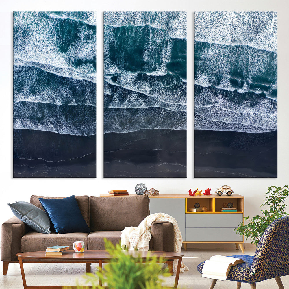 Black Beach Wall Art Canvas Print – Framed Aerial Ocean View
