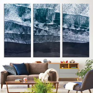 Black Beach Wall Art Canvas Print – Framed Aerial Ocean View