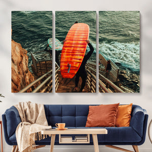 Surfer Stairway Wall Art – Framed Ocean Surf Canvas Artwork,