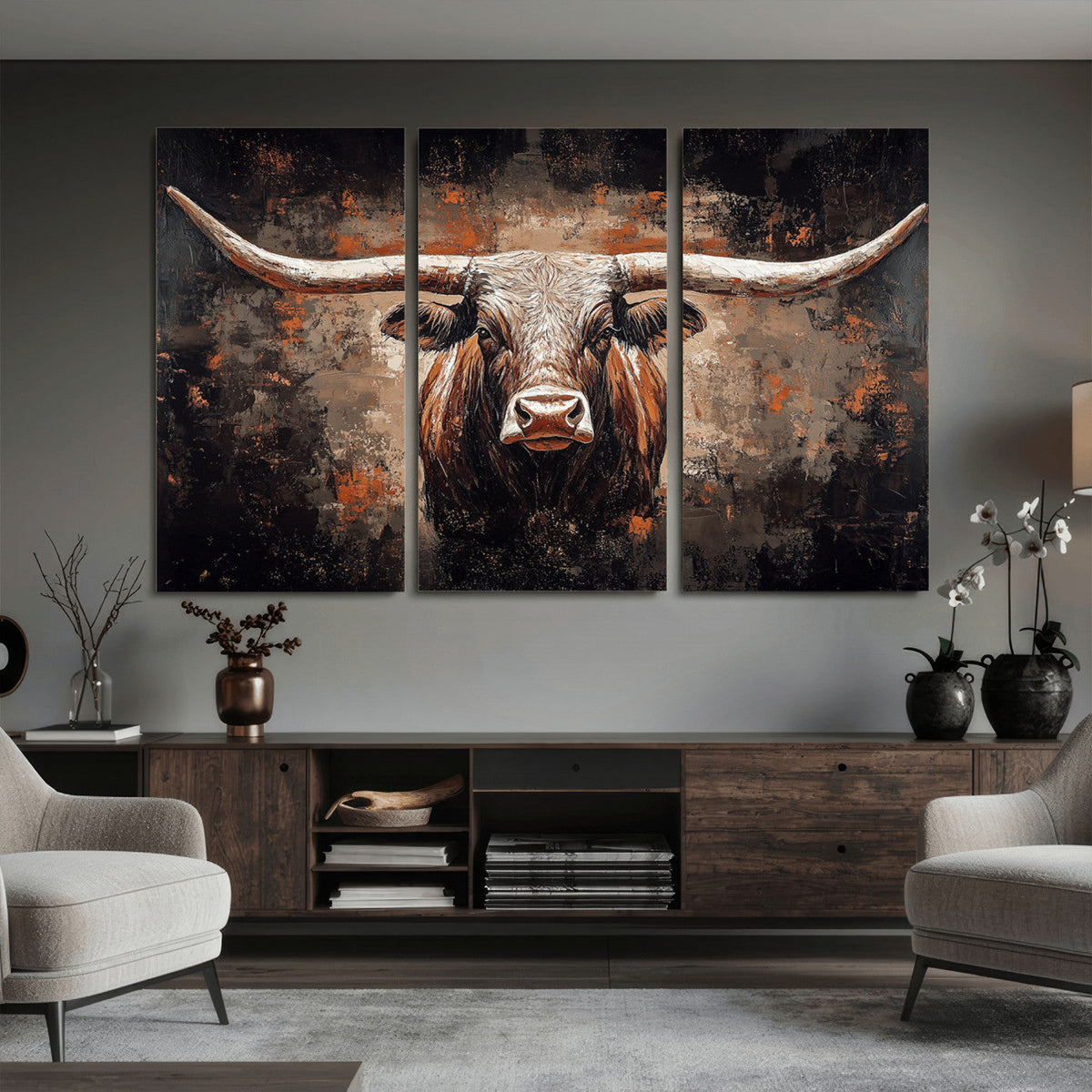 Abstract Longhorn Wall Art Canvas Print – Vintage Western