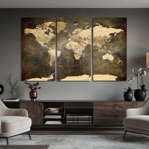 Large Framed Vintage World Map Wall Art Print for Home Wall