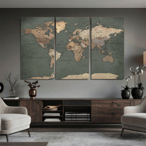 Rustic Black and Wood World Map Canvas Wall Art – Framed