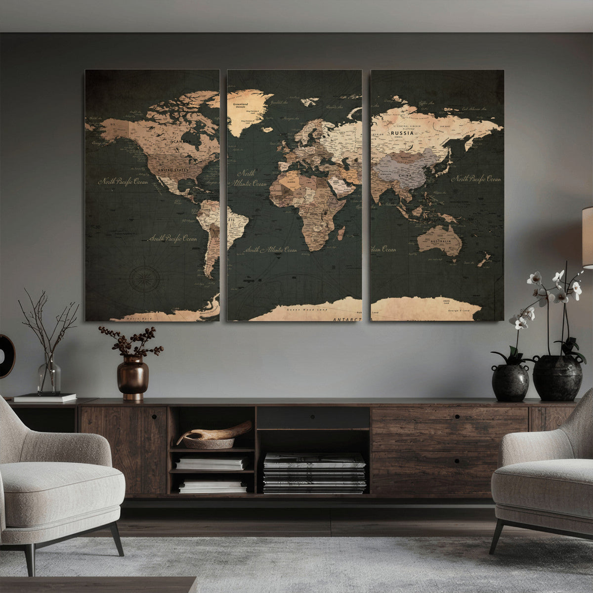Vintage World Map Canvas Wall Art – Framed Travel Map for