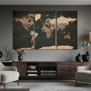 Vintage World Map Canvas Wall Art – Framed Travel Map for