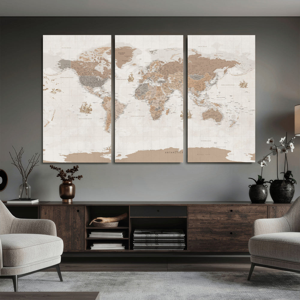 Framed Large World Map Canvas Print for Office Decor