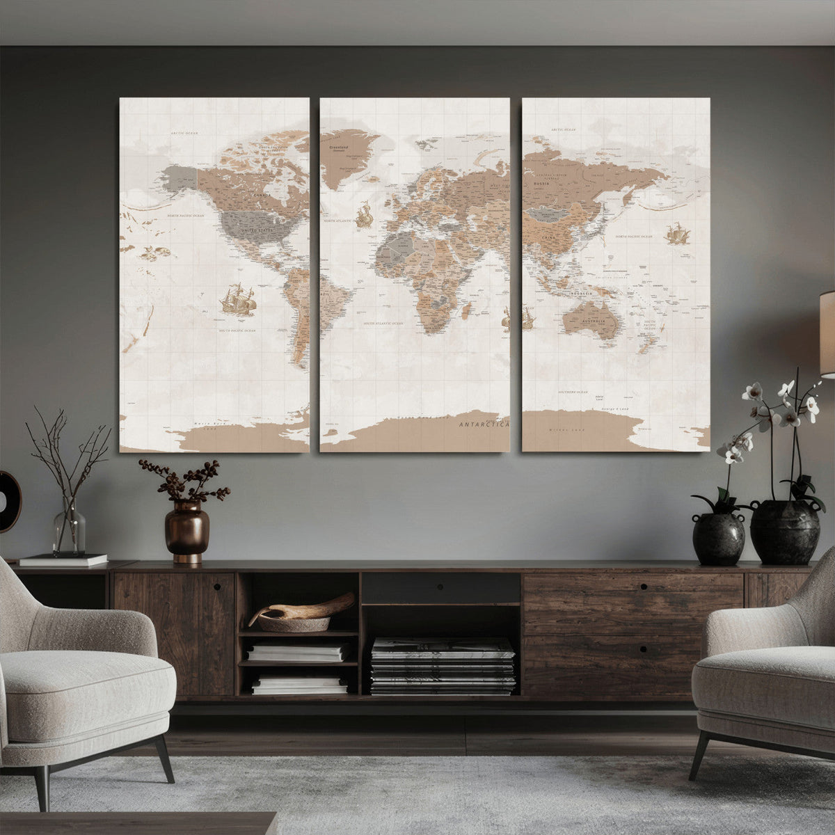 Framed Large World Map Canvas Print for Office Decor