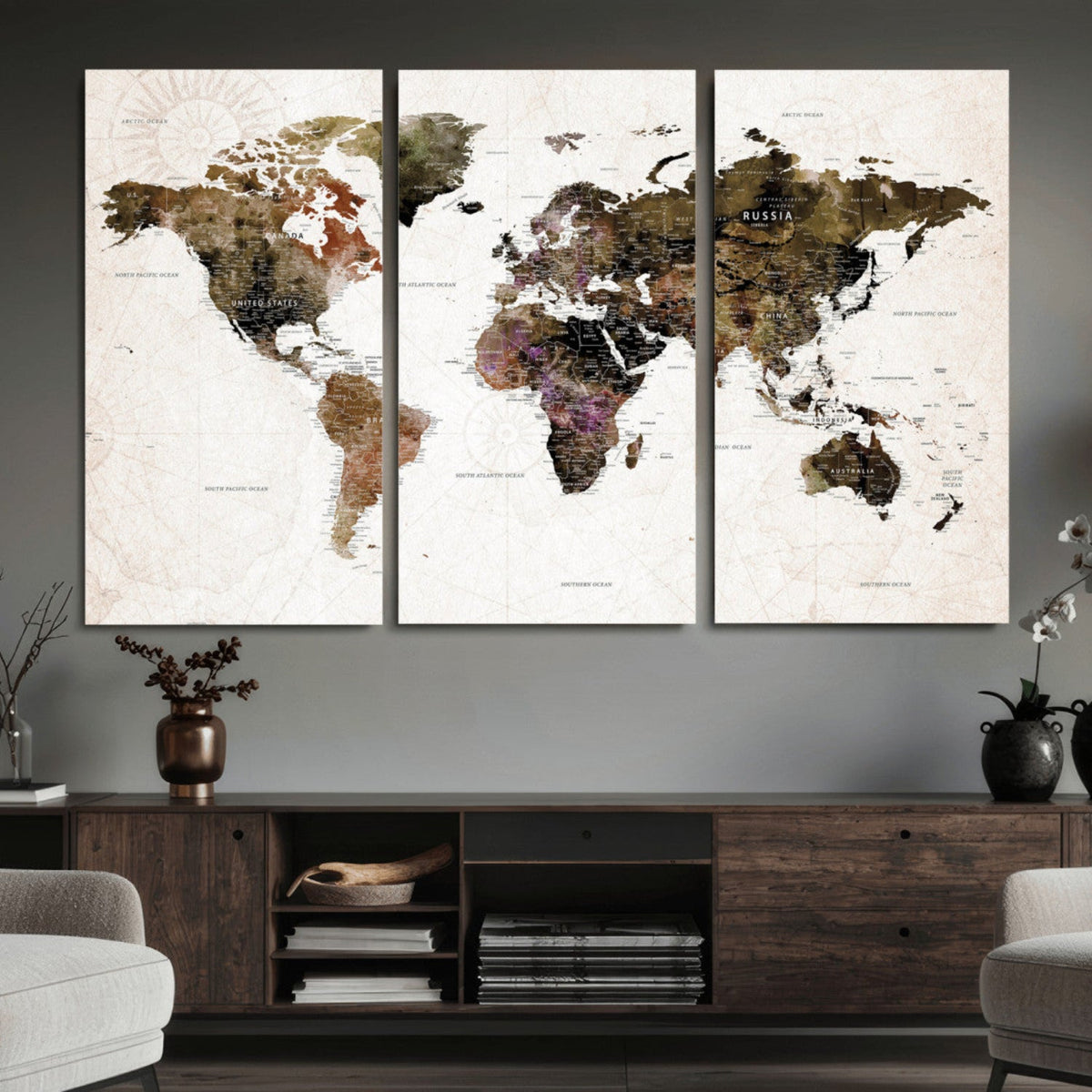Watercolor World Map Print - Large Wall Art Canvas Print for
