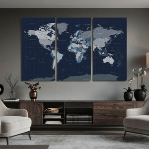 Blue Detailed World Map Wall Art Canvas Print, Modern Framed