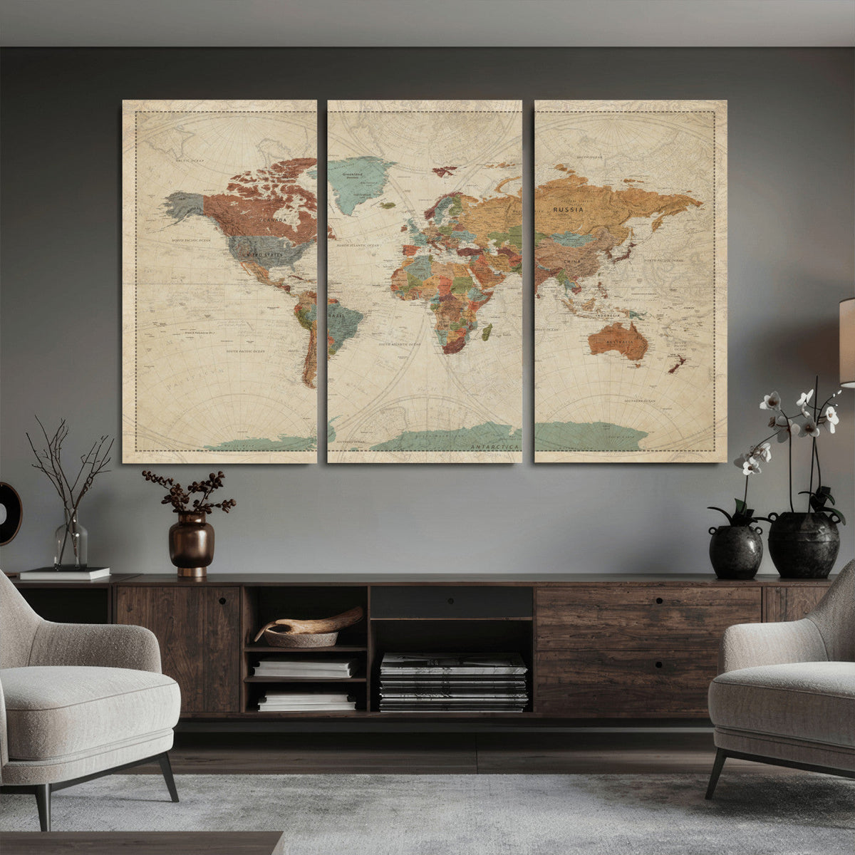 Vintage World Map Canvas Wall Art Print – Framed Modern