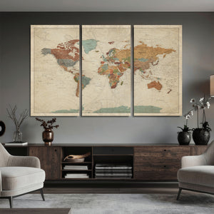Vintage World Map Canvas Wall Art Print – Framed Modern