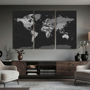 Black World Map Wall Art Canvas Print – Detailed Map of the