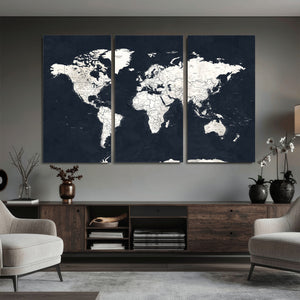 Black World Map Wall Art Canvas Print for Home Office and