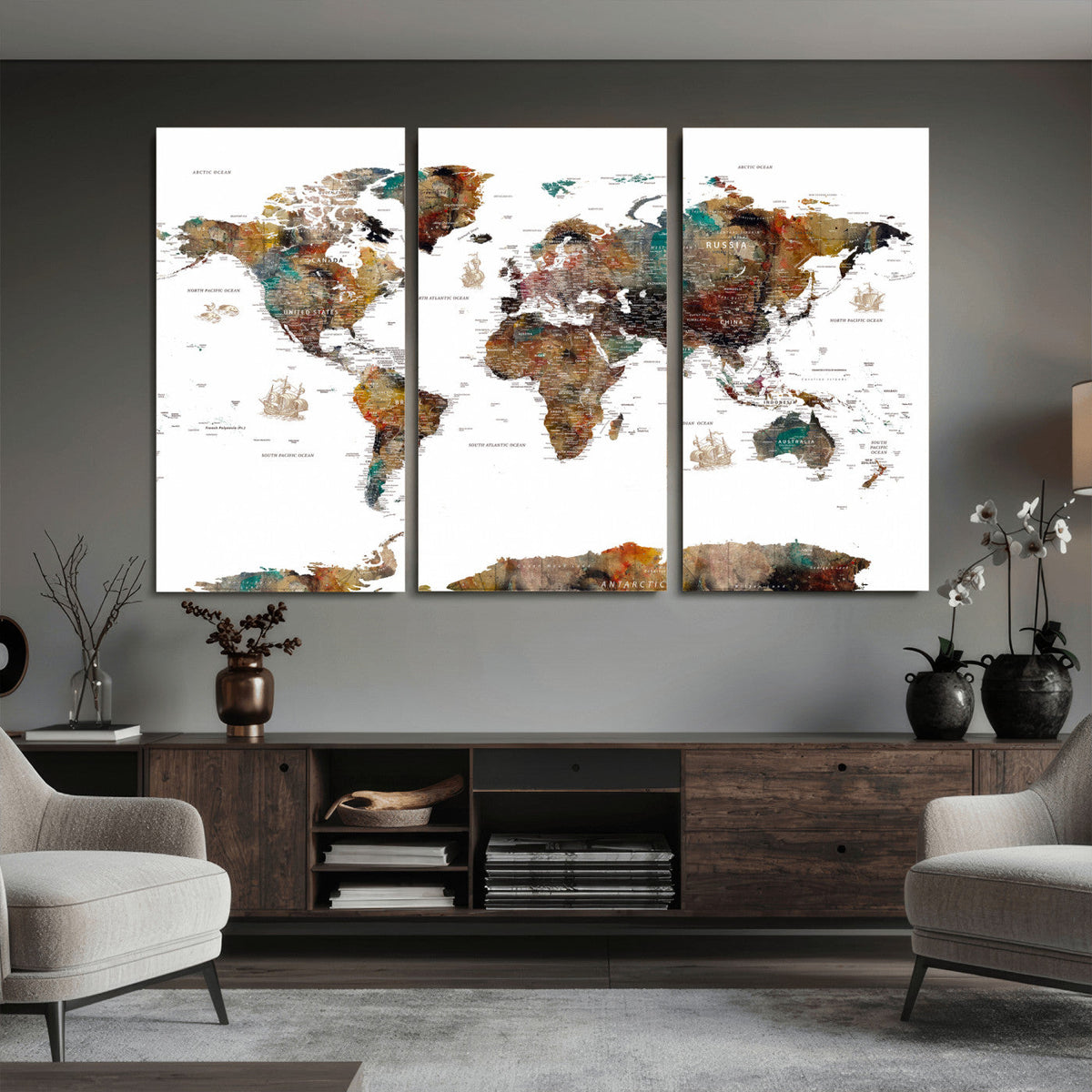 Watercolor World Map Canvas Print – Detailed Map of the