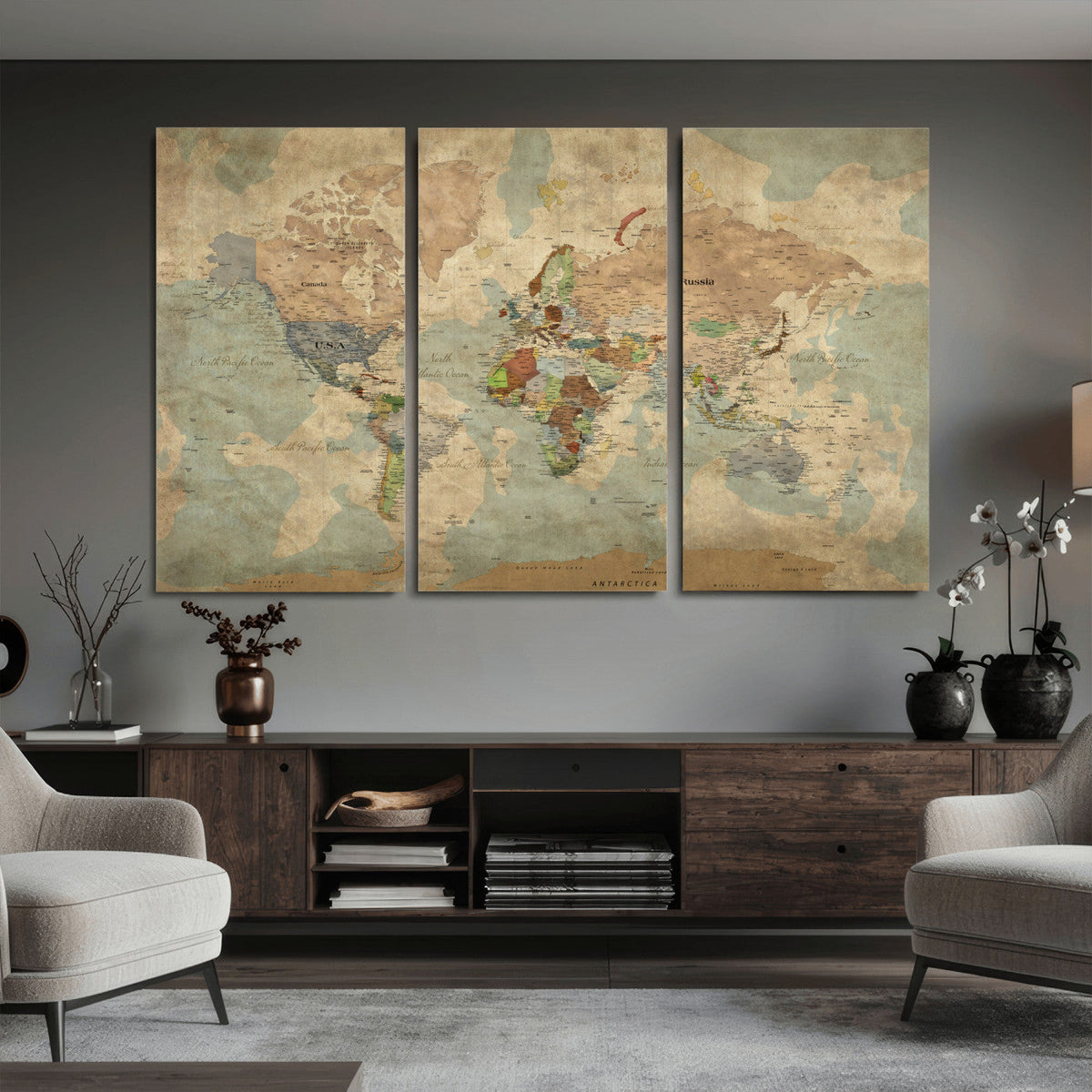 World Map Wall Art Canvas Print, Rustic Map Print, Framed