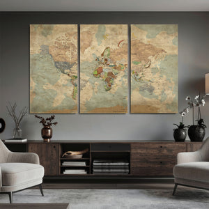 World Map Wall Art Canvas Print, Rustic Map Print, Framed